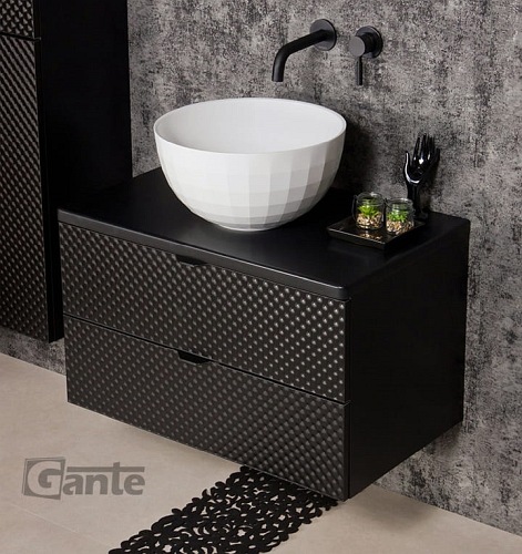 Szafka łazienkowa wisząca z umywalką 80 cm szklane fronty czarny uchwyt Glow Gante