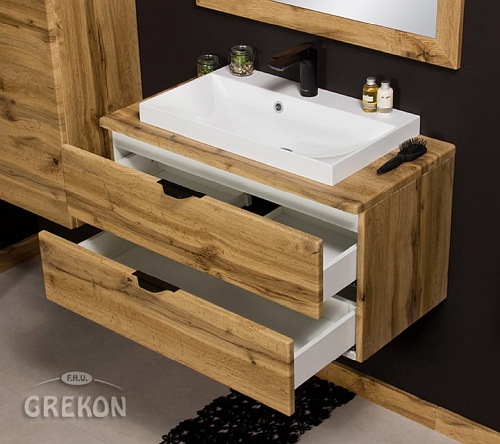 Szafka łazienkowa wisząca z umywalką nablatową dąb naturalny 80 cm Victa Gante