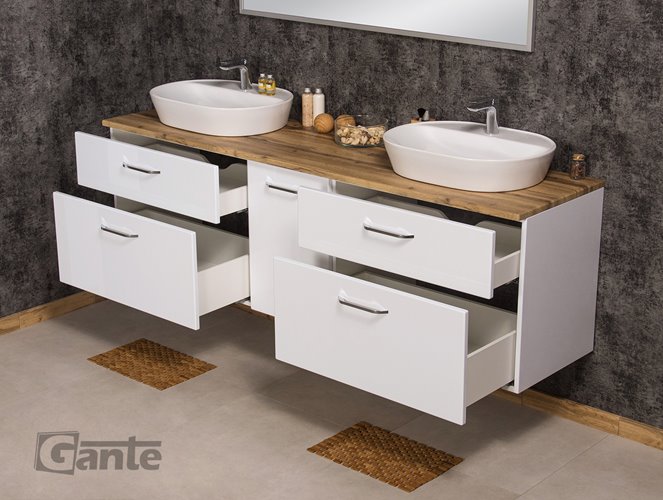 Szafka łazienkowa wisząca z dwiema umywalkami nablatowymi i koszem 200 cm SETTO MODULO kolor biały połysk