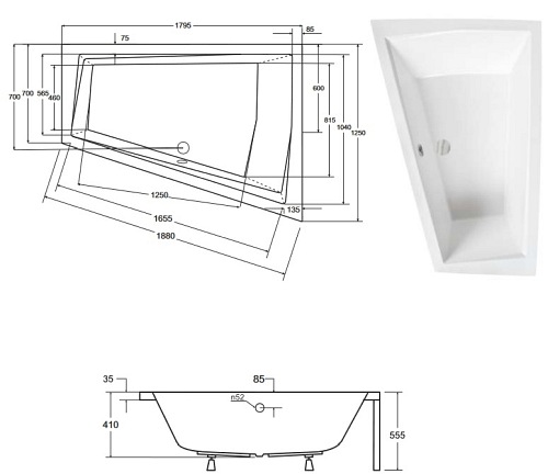 Wanna asymetryczna czarno-biała z obudową Intima Duo Besco lewa 180x125 cm