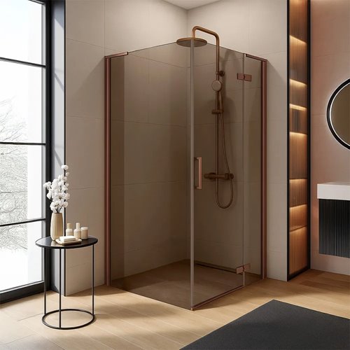 Kwadratowa kabina prysznicowa narożna miedź szczotkowana 90x90 Hugo Rea