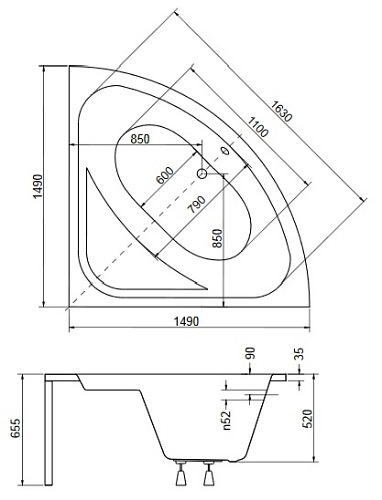 Czarno-biała wanna symetryczna narożna z obudową 148x148 cm Luksja Besco