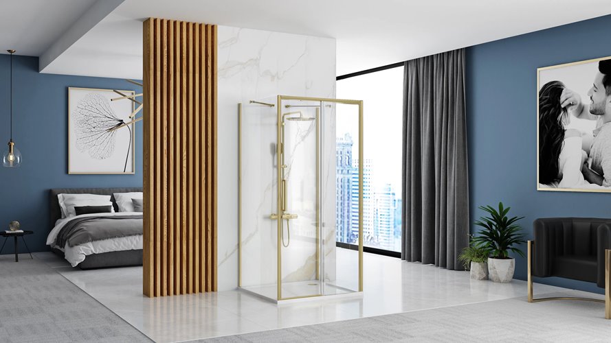 Złota szczotkowana kabina prysznicowa przyścienna drzwi rozsuwane 130x100 Rapid Slide Rea