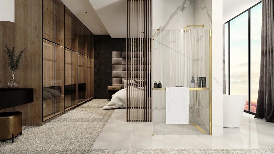 Złota szczotkowana ścianka prysznicowa z półką i wieszakiem 90 cm Aero Gold Evo Rea