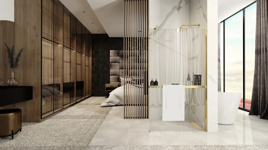 Złota ścianka prysznicowa z półką i wieszakiem 100 cm Aero Gold Evo Rea