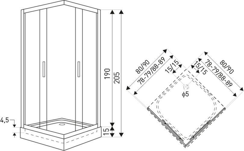 Czarna kabina prysznicowa kwadratowa z niskim brodzikiem ryflowane szkło 90x90 Soho BL Kerra