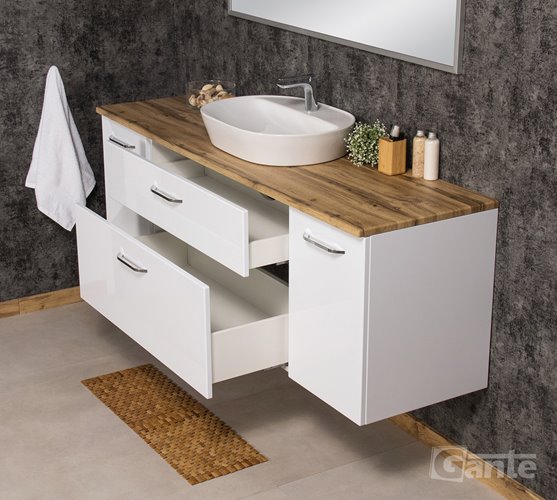 Szafka łazienkowa wisząca z umywalką nablatową i koszem 180 cm SETTO MODULO kolor biały połysk