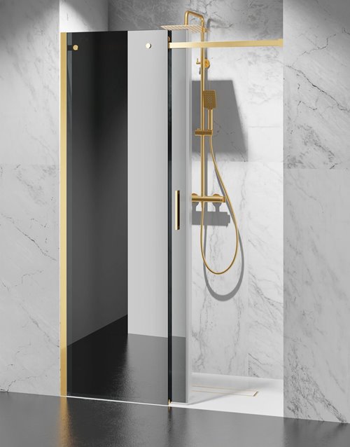 Drzwi prysznicowe rozsuwane prawe/lewe do wnęki 161-167 cm szkło 8mm grafitowe profile złoty mat Swiss Liniger