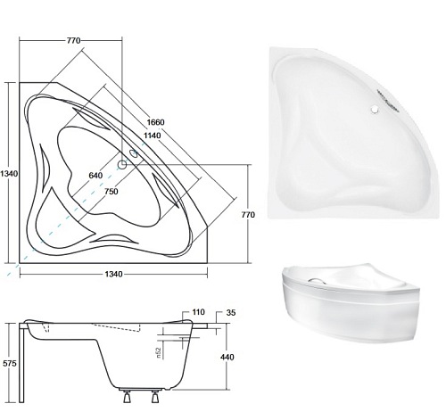 Czarno-biała wanna symetryczna narożna z obudową 134x134 Ewa Besco