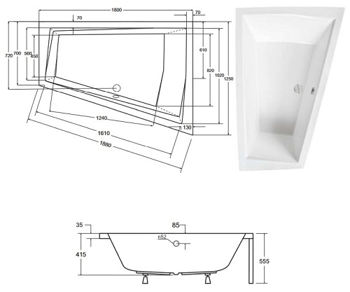 Wanna asymetryczna czarno-biała z obudową Intima Duo Besco prawa 180x125 cm