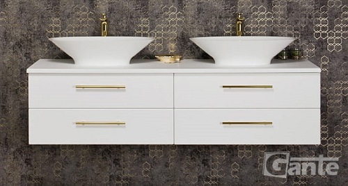 Szafka wisząca biały mat z dwiema umywalkami nablatowymi 160/50 cm Belli Gold Gante