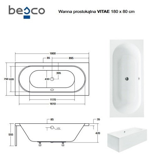 Wanna prostokątna akrylowa Vitae Besco 180 cm