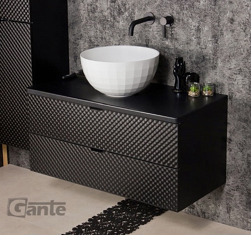 Szafka łazienkowa wisząca z umywalką 100 cm szklane fronty czarny uchwyt Glow Gante