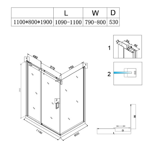 Czarna kabina prysznicowa prostokątna 110x80 szkło 8mm BS15B