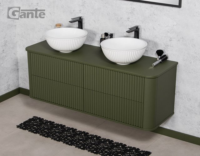 Szafka łazienkowa wisząca ryflowane fronty z umywalką LILIA 140 cm oliwkowy mat z umywalką Gante