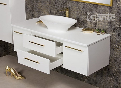 Szafka wisząca biały mat z umywalką nablatową 140/50 cm Belli Gold Gante