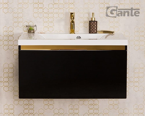 Czarna szafka z umywalką złoty uchwyt 80 cm seria Diamond Gold Gante C