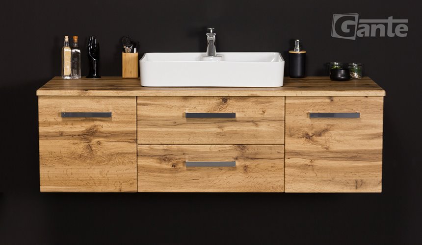 Szafka wisząca z umywalką nablatową kolor dąb naturalny 140 cm seria Fokus NE