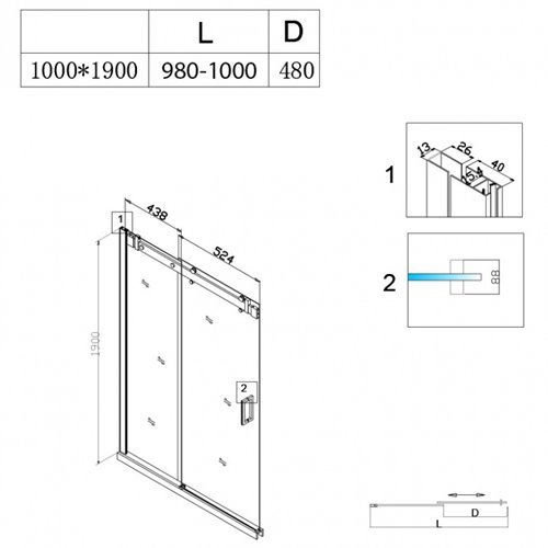 Drzwi prysznicowe do wnęki 95-100 cm rozsuwane SH03B szkło 8 mm