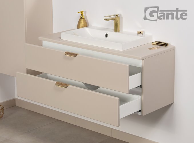Szafka łazienkowa piaskowa z umywalką nablatową złoty uchwyt 100 cm Magnolia Gante