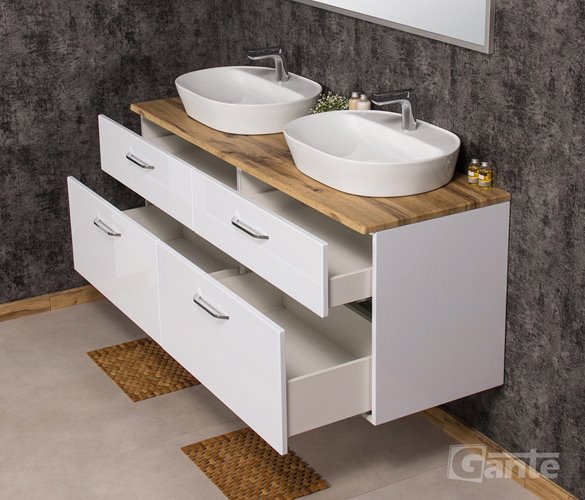 Szafka łazienkowa wisząca z dwiema umywalkami nablatowymi 160 cm SETTO MODULO kolor biały połysk