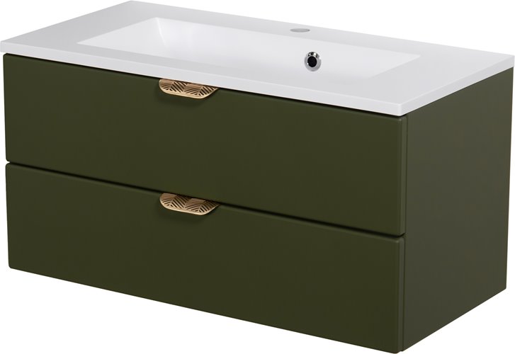 Oliwkowa szafka łazienkowa wisząca z umywalką złoty uchwyt 80 cm Magnolia