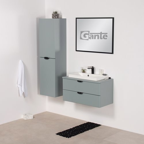 Miętowa szafka łazienkowa wisząca z białą umywalką nablatową czarny uchwyt 80 cm Magnolia