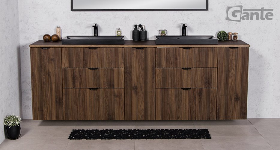 Szafka łazienkowa z lamelami wisząca z dwiema czarnymi umywalkami nablatowymi 210 cm 39/3 Victa Lamello kolor orzech