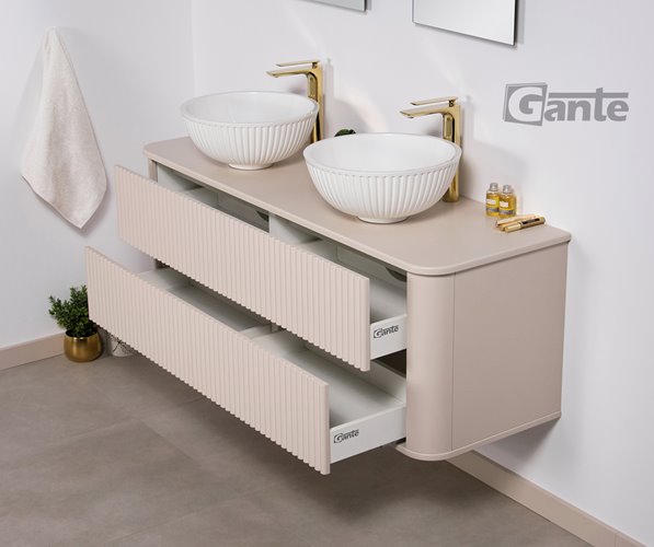 Szafka łazienkowa wisząca ryflowane fronty z umywalką LILIA 140 cm piaskowy mat z umywalką Gante