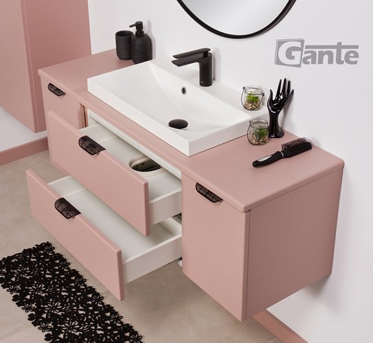 Szafka łazienkowa pudrowy róż z umywalką nablatową czarny uchwyt 120 cm Magnolia Gante