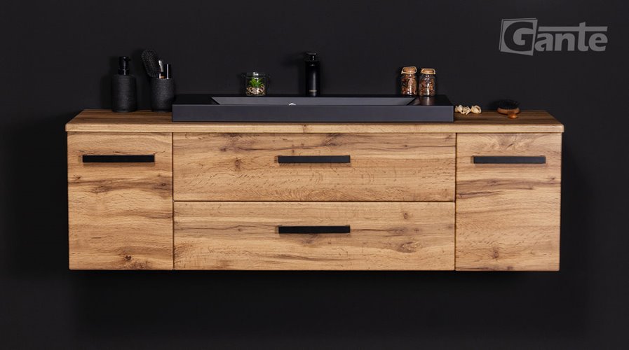Szafka wisząca z czarną matową umywalką nablatową 140 cm kolor dąb naturalny seria Fokus Loft Gante