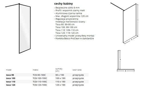 Czarna kabina prysznicowa Walk In 90 cm Toca  Besco
