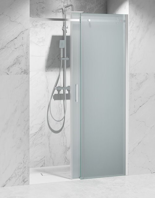 Drzwi prysznicowe rozsuwane prawe/lewe do wnęki 92-101 cm szkło 8mm mleczne profile chrom Swiss Liniger