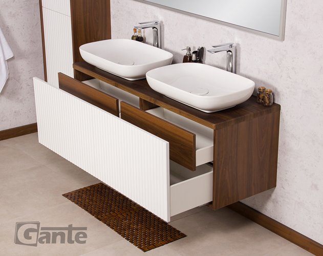 Szafka łazienkowa wisząca z umywalkami dąb wenge/biały mat 140 cm Venus Gante