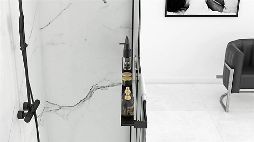 Czarna ścianka prysznicowa z półką i wieszakiem 80 cm Aero Black Evo Rea