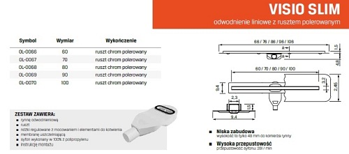 Visio Slim New Trendy odpływ liniowy 70 cm OL-0067 ruszt chrom polerowany