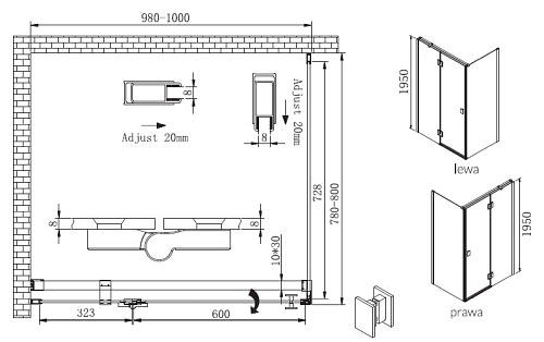 Kabina prostokątna szkło 8 mm drzwi uchylne 90x100 Faro Plus