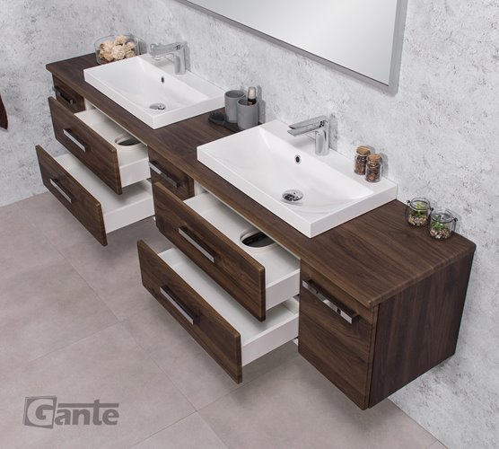 Szafka łazienkowa wisząca z dwiema umywalkami nablatowymi 210 cm 39/2 Fokus kolor orzech