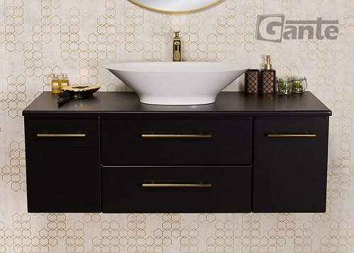 Szafka łazienkowa wisząca 120/50 cm czarny mat z umywalką nablatową Belli Gold Gante