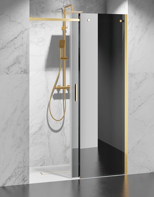 Drzwi prysznicowe rozsuwane prawe/lewe do wnęki 121-127 cm szkło 8mm grafitowe profile złoty mat Swiss Liniger