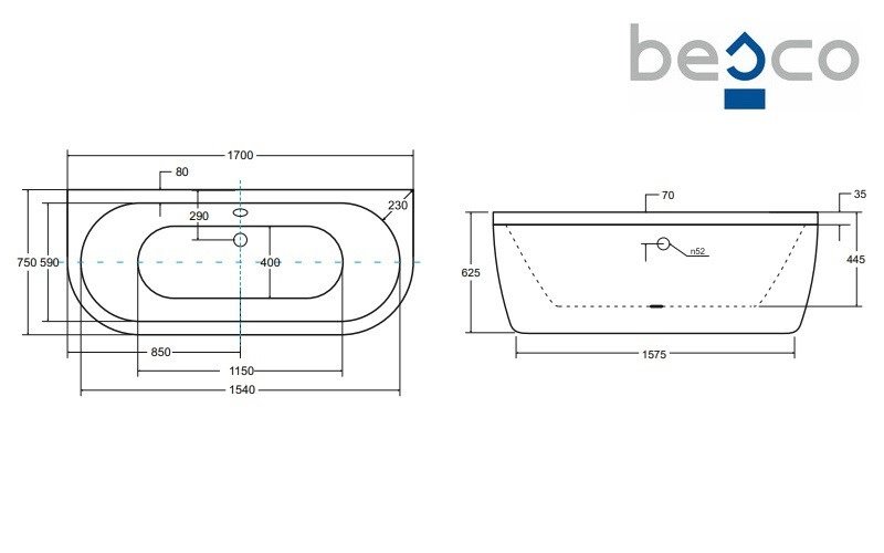 Wanna wolnostojąca przyścienna + klik-klak czarny Volya Besco 170 cm WKV-170-WC