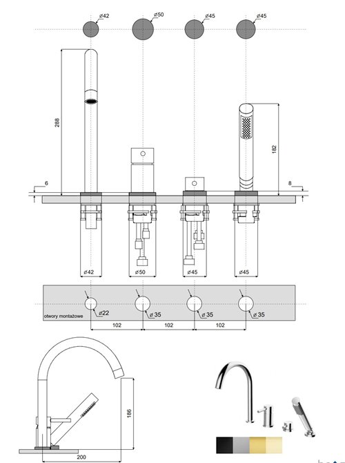 Bateria wannowa 4-otworowa złota Illusion Besco BW-I4-ZL
