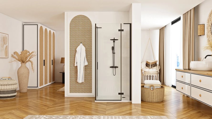 Czarna kabina prysznicowa kwadratowa 90x80 drzwi uchylne Hugo Rea Black