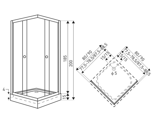 Czarna kwadratowa kabina prysznicowa z brodzikiem szkło z dekorem 90x90 Xenia SQ Kerra