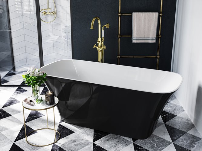 Czarno-biała matowa wanna wolnostojąca z konglomeratu + klik-klak złoty 160 cm Assos Matt B&W Besco WMMC-160AKG
