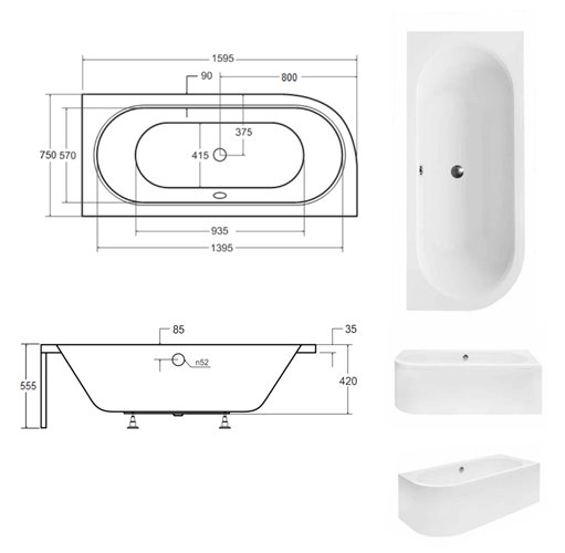 Czarno-biała ryflowana wanna asymetryczna akrylowa z obudową Avita Besco 160 cm Prawa