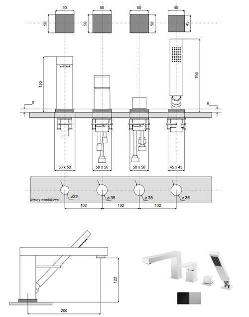 Bateria wannowa 4-otworowa czarny matt Modern/ Varium Besco BW-MV4-CZ