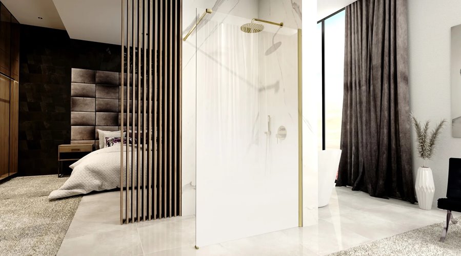 Złota szczotkowana ścianka prysznicowa 110 cm biała szyba Aero Ombre Rea