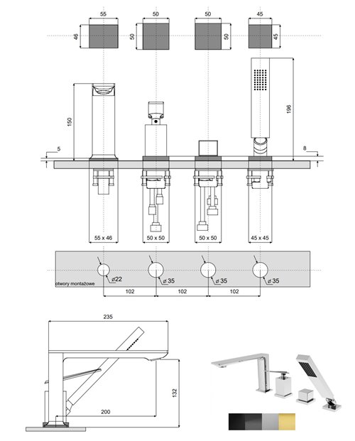 Bateria wannowa 4-otworowa czarny matt Aspira Besco BW-A4-CZ