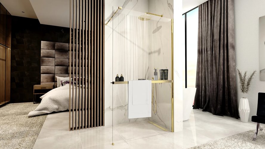 Złota ścianka prysznicowa z półką i wieszakiem 100 cm Aero Gold Evo Rea